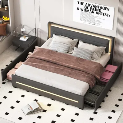 Immagine prodotto di Letto imbottito AIORBER, 180x200cm, con illuminazione LED, con quattro scomparti, tessuto di lino, testata imbottita, letto matrimoniale, con rete a doghe, nero