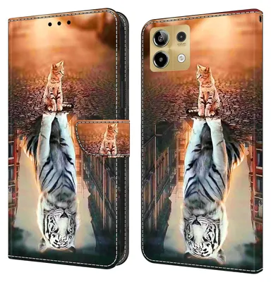 A product image showing a phone case with a cat and tiger reflection design, presented in a folded-open view.