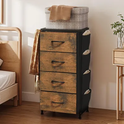 Produktbild von Kommode mit 4 Stoffschubladen, Schubladenschränke Aufbewahrungsschrank mit Haken und Seitentaschen, 45x30x95cm, Braun