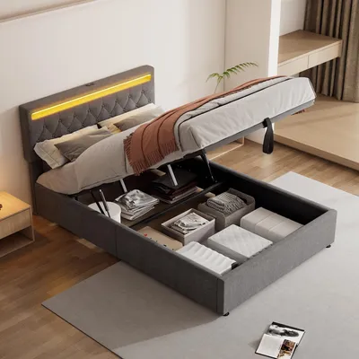 Obrázek produktu pro STILVORA Dětská postel 140x200, čalouněná dvojlůžko s úložným prostorem, LED osvětlením a USB/Type-C nabíjecím portem, šedá (bez matrace)