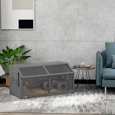 Image de Cage pour petits animaux en bois de sapin, cage pour rongeurs, cage pour hamsters avec plate-forme et maisonnette, gris foncé | 100 x 52 x 50 cm | 11,5 kg | accessoires inclus
