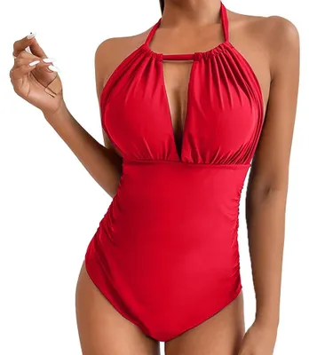 Productafbeelding van KBRPEY Één delig badpak dames, buikweg model, halterneck, diepe halslijn, monokini, gerimpeld