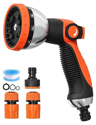 Produktbild von 10-Funktionen Gartenbrause – Hochdruck-Handbrause mit Einhandbedienung, Spritzpistole für Pflanzen, Rasen & Fahrzeugwäsche, Orange
