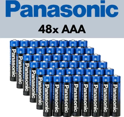 A pyramid-like stack of Panasonic AAA batteries against a light gray and white background.