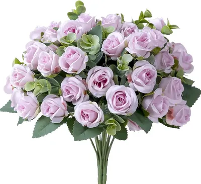 Image de Bouquet de roses artificielles avec eucalyptus - Composition florale - 10 fleurs - Fleurs en soie - Roses et pivoines - Mariage et décoration - Couleur lilas