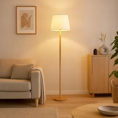 Produktbild von LED Stehleuchte, Holzoptik, Textil weiß, H 151 cm