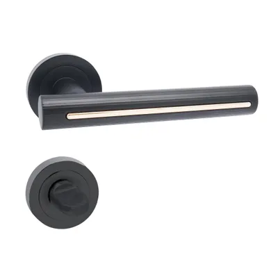 Produktbild von Domino Türgriff PILAR-R Drückergarnitur WC Badezimmer Set Rund-Rosette Türbeschlag für Badezimmertüren Rosetten-Garnitur Aluminium Schwarz/Gold
