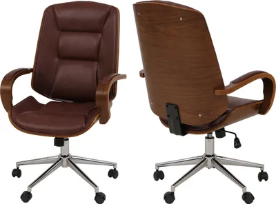 Two views of a brown leather office chair with a wood-look shell and chrome base.