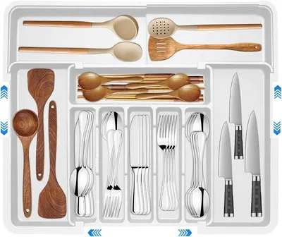Produktbild von PolkaHome® Besteckkasten mit 9 Fächern, verstellbarer Besteck-Organizer für Messer, Gabeln, Löffel, Weiß