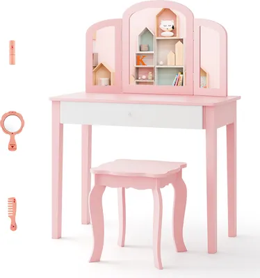 Produktbild von GOPLUS 2 in 1 Kinder Schminktisch/Schreibtisch, Frisiertisch & Stuhl, Kosmetiktisch mit Abnehmbarem 3-Fach-Spiegel & Schublade