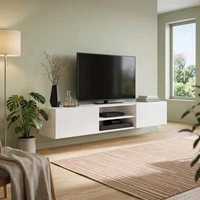 Produktbild von Masseno TV-Schrank GLOSSIA 120 cm Fernsehschrank mit 2 Türen TV-Lowboard für Wohnzimmer Modern 120x35x29,5 cm Weiß / Weiß