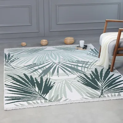 Image de Tapis court tapis tapis - tapis boho kilim, tapis de salon, tapis de chambre et de cuisine, tapis d'entrée, 120 x 170 cm, vert palmier-blanc