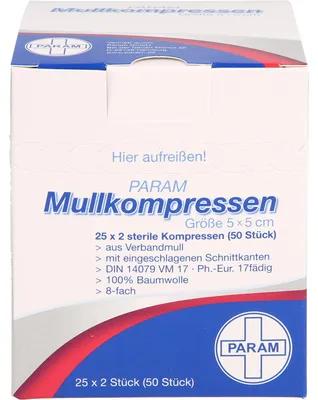 Image de PARAM Compresses de gaze 5 cm x 5 cm stériles 8 plis, 50 compresses