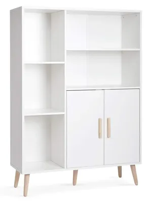 Obrázok produktu pre Komoda s dvoma dvierkami, 5 priehradkami a nastaviteľnými poličkami, vyrobená z dreva, farba: biela, rozmer: 85 x 30 x 120 cm
