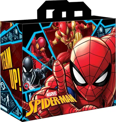 A marketing image of a Spiderman-themed bag with multiple Spiderman characters depicted.