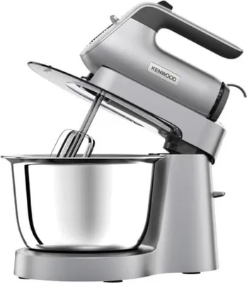 A silver Kenwood hand mixer with a mixing bowl, shown from a side angle.
