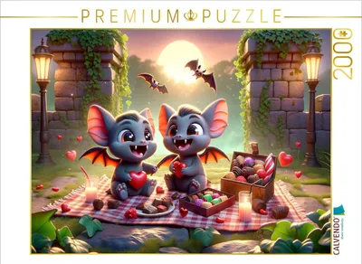 Produktbild von CALVENDO Puzzle Valentinstagspicknick der kleinen Vampirfledermäuse | 2000 Teile Lege-Größe 90x67cm Foto-Puzzle für glückliche Stunden
