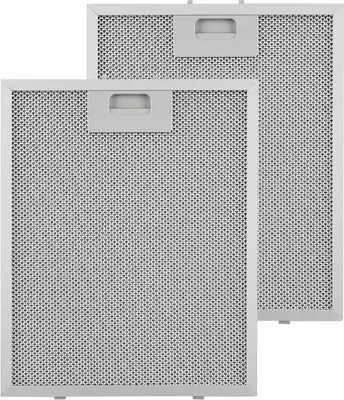 Two silver-colored metal mesh filters with handles, likely for a kitchen range hood, are shown against a white background.