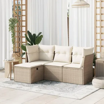 Image de Ensemble de salon de jardin - Ensemble de 4 pièces en résine tressée, avec coussins amovibles et lavables
