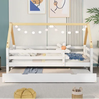 Produktbild von Hausbett mit Gästebett, 90x200 cm, Kinderbett mit Rausfallschutz und Lattenrost, Jugendbett, Kiefer