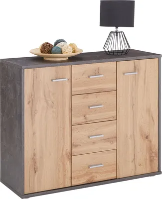 Produktbild von Sideboard JAMIE mit 2 Türen und 4 Schubladen, moderne Kommode Büromöbel in Beton dunkel/Wotan Eiche