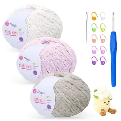 Obrázek produktu pro Sada příze na háčkování, 3 x 50 g, chlupatá příze chenille, barva šedá, doporučená velikost háčku 4 mm