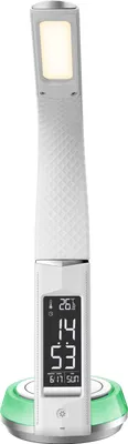 Produktbild von LED Schreibtischlampe Tischlampe Lederoptik QI-Ladestation Touch dimmbar Warm-/Kaltweiß Uhranzeige