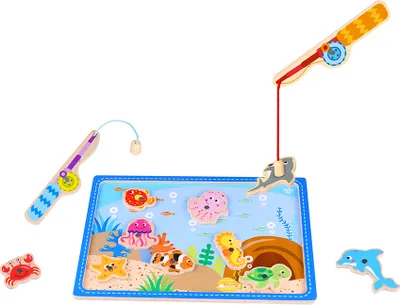 Produktbild von TOOKY TOY Hölzernes Fischfangspiel 2 Angelruten + 10 el.