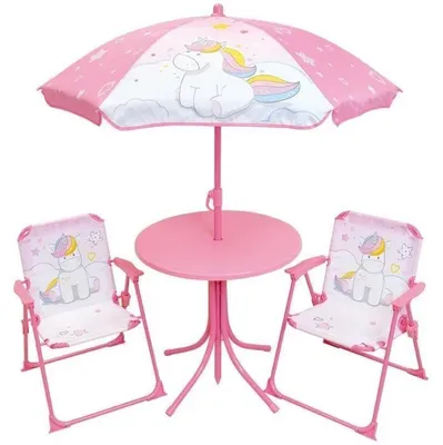 Produktbild von Gartenmöbel - Einhorn-Gartenmöbel: Tisch H.46 x 46 cm, 2 Klappstühle, Sonnenschirm H.125 x 100 cm