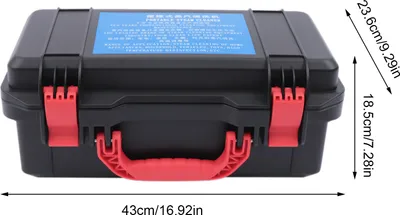 A black and red portable case with dimensions indicated.