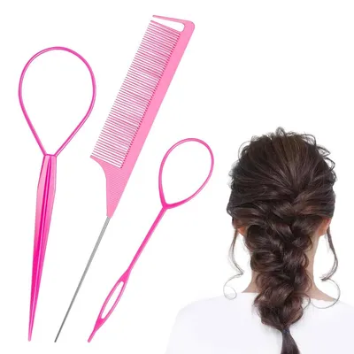 Produktbild von Haarvlecht Hilfe Haarzwirbler Frisurenhilfe - 1 Kamm - 2 Haarzwirbler - Rosa - Für Dutt und Flechtfrisuren