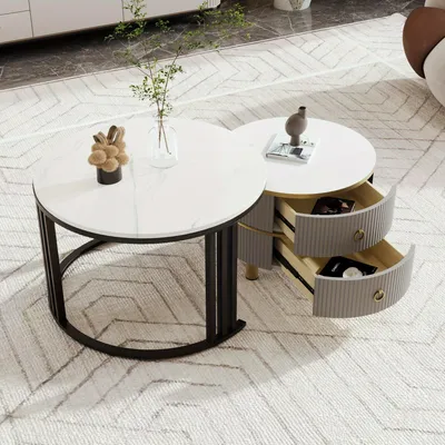 Imagen del producto de Mesa auxiliar - Mesa de centro - Mesita de noche - Mesa pequeña - Mesa de salón - Gris con superficie de mármol blanco