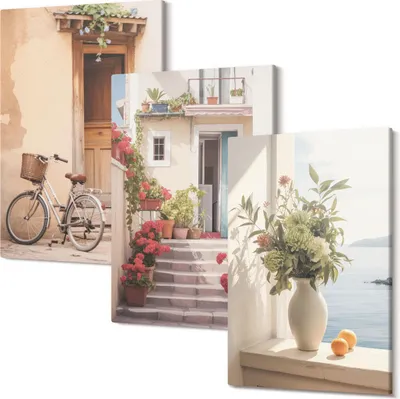 Produktbild von Wandbild – Leinwandbild – Leinwandbilder – Polycanvas – Kunstdruck – Modern – Panorama – Mehrteilig – 3-Teilig Set – Hochwertig – Lichtecht – Geruchslos – 20x30 Cm Je Element - Charmante Küstenstraßen mit Blumen und Fahrrädern