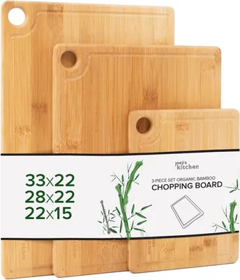 Image de Planche à découper en bois Joejis - Lot de 3 planches à découper robustes en bambou, idéales comme planches de cuisine ou planches en bois pour la cuisine - 20 x 15 cm, 28 x 22 cm et 33 x 22 cm, avec rainures d'égouttage