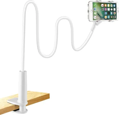 Produktbild von 1 Handyhalterung fürs Bett aus hochwertigem Kunststoff mit flexiblem Schwanenhals und rutschfestem Schaumstoff-Clip. Ideal für Smartphones zwischen 4 und 6,5 Zoll wie iPhone 13 Pro, 12, 11 Pro, XS Max, Samsung S10/S9 sowie viele weitere Modelle. Der verstellbare Arm ermöglicht individuelle Höhen- und Winkelpositionierung – ob im Bett, am Schreibtisch oder im Auto. Die robuste Klemmvorrichtung fixiert sich sicher an Oberflächen bis 6 cm Stärke. Weiche Polsterung schont Gerät und Möbel. Kompatibel, kompakt, k