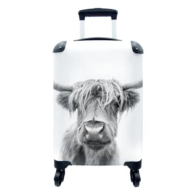 Produktbild von MuchoWow® Koffer Handgepäck Trolley Rollkoffer Kleine Reisekoffer mit 4 Rollen - Kuh - Schottischer Highlander - Schwarz - Weiß - Cabin Size < 55x40x23 cm & 55x40x20 cm - Fotokoffer - Kabinenkoffer - Boardgepäck - Reise-Box - Reisekoffer - Reisegepäck - Koffer mit Bild - Trolley für Kinder