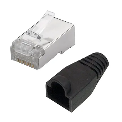 Produktbild von RJ45 Stecker Cat5e Cat6 8P8C geschirmt 10 Stück mit schwarzen Knickschutztüllen