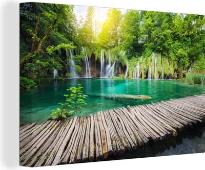 Produktbild von OneMillionCanvasses® - Leinwandbilder - 150x100 cm, Brücke - Wasserfall - Natur, Wandbilder Kunstdruck Wanddekoration - Foto auf Leinwand - Gemälde auf Holzrahmen