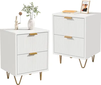Produktbild von 2er Set Nachttische Weiß – Kommode mit 2 Schubladen, Moderner Beistellschrank/Sideboard fürs Schlafzimmer, 40×40×55 cm mit Goldgriffen & Metallfüßen
