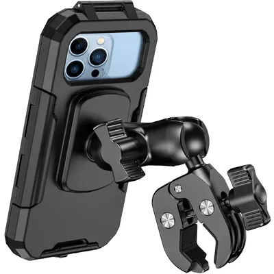 Obrázek produktu pro Držák na telefon pro motocykl a kolo, vodotěsný, otočný o 720°, kovový prodlužovací rameno, pro telefony o velikosti 5,5-7,0 palců, černý