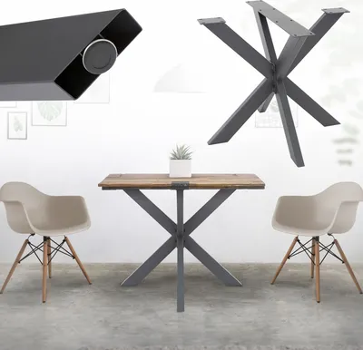 A collage of table legs and a table with chairs, set in a room.