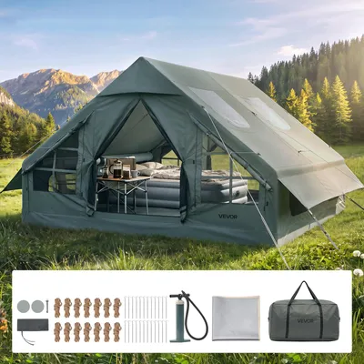 Produktbild von VEVOR Aufblasbares Campingzelt Familienzelt Luftzelt 5-8 Personen Grün, für Outdoor-Aktivität Wasserabweisendes 420D Oxford-Gewebe mit Dachfenster Ofenrohrdurchführung Netzfenster & Tragetasche