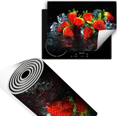 Produktbild von Herdabdeckplatte 70x52 cm Glaskeramikkochfeld Abdeckung Anti Rutsch Matte Aufrollbar, Schwarz Erdbeeren