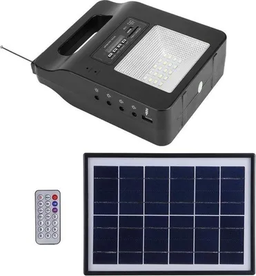 Obrázek produktu pro Solární přenosná elektrárna s FM reproduktorem a USB nabíječkou pro kempování a cestování.