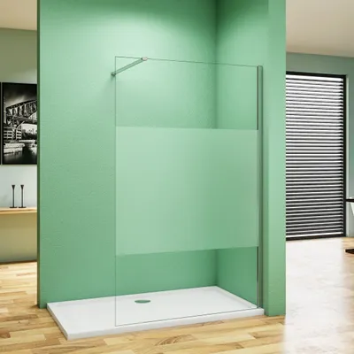 Produktbild von Walk in Duschkabine 70x200cm mit Befestigungsstange die Klemme N Form: 140cm Milchglasstreifen Duschabtrennung 8mm Nano ESG-Glas
