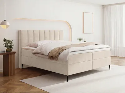 Produktbild von Boxspringbett mit Bettkasten – Polsterbett 180 x 200 cm mit H4 Taschenfederkern 7-Zonen Matratze & 5 cm Topper – Stauraumbett mit hohem Kopfteil & Metallfüße – Samt Velours Beige