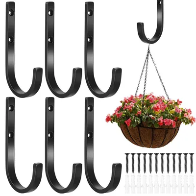 Image de 6 crochets muraux pour garage, supports de charge lourde à visser, en forme de J, de couleur noire, pour vélos, pneus, échelles, etc