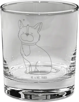 Produktbild von Mr. & Mrs. Panda Glas Hund Glück - Transparent - Geschenk, Corgie, Tumbler, Tierliebhaber, Trinkglas, gravur, Spruch, Herz, Liebe, Cocktailglas, Longdrinkglas