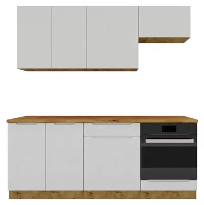 Produktbild von Küchenzeile 200 cm Aschegrau - mit brauner Arbeitsplatte - MDF - moderne Küchenmöbel-Set - Schubladen mit Soft-Close - ISABEL