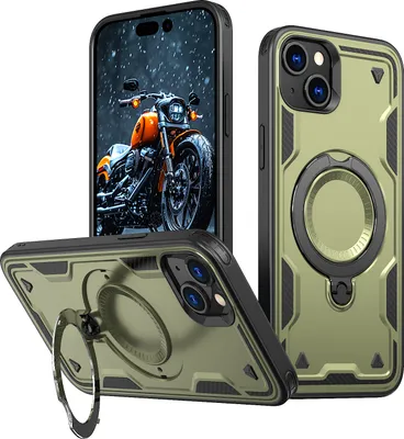Produktbild von Dual Layer Hülle für iPhone 15 Metall Ring Ständer Magnetisch Stoßfest Militär Handyhülle Grün